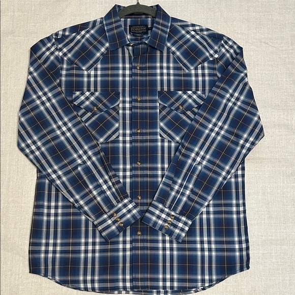 Pendleton Shirt Men’s M Navy Plaid Pearl Snap Frontier Long Sleeve Western NWT - Picture 14 of 14
